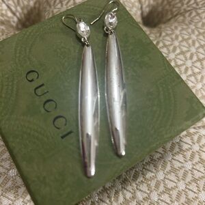 Ralph Lauren Silver Long Drop Earrings with Clear Stone Top